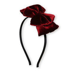 Full view of Maroon Velvet Bow Hairband with black band and plush velvet bow, fashionable hair accessory for girls aged 3-10.