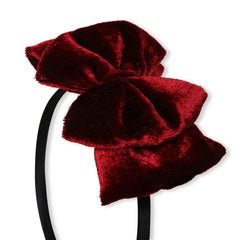 Close-up of Maroon Velvet Bow Hairband with double-layered design and soft velvet texture, perfect for trendy girls' outfits.