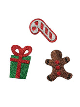 Arendelle Hair Pins - Christmas Glitter set featuring candy cane, gingerbread man, and gift box designs in festive red, green, and brown glitter.