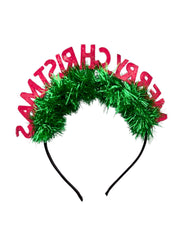 Back view of Girls' Glitter Hair Band - Christmas Style showing reversed red glitter letters and green tinsel for a full festive look.
