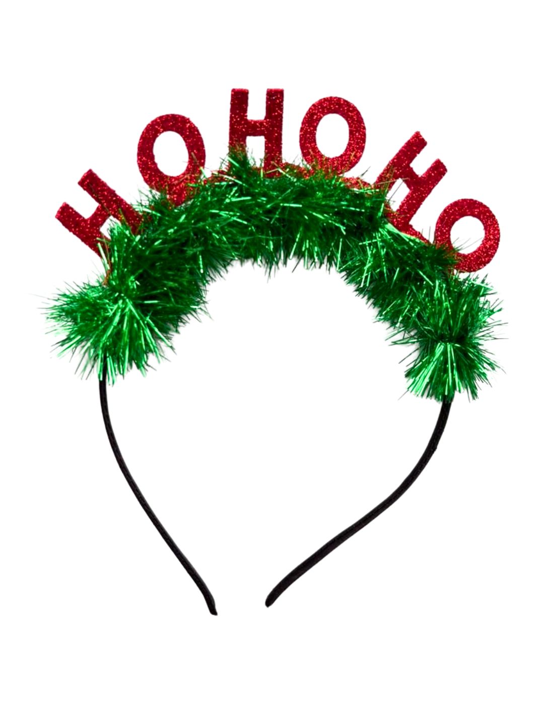 Festive Sparkle Hairband with red glitter 'HO HO HO' letters and green tinsel, perfect for girls' Christmas outfits and holiday parties.