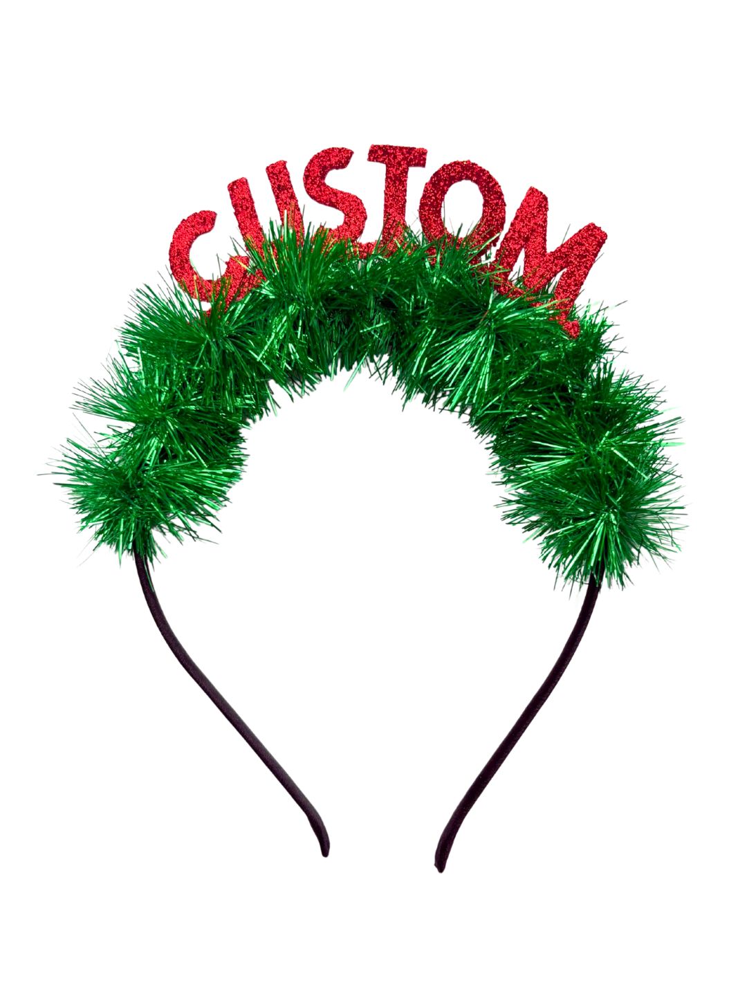 Festive Hairband for Girls - Christmas Glitter with red CUSTOM letters and green tinsel, perfect for holiday parties and secure fit.