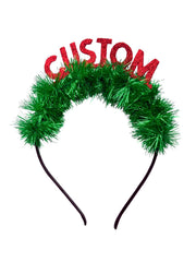 Festive Hairband for Girls - Christmas Glitter with red CUSTOM letters and green tinsel, perfect for holiday parties and secure fit.
