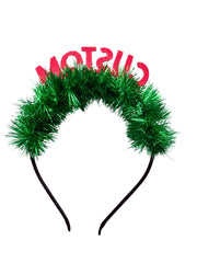 Christmas Glitter Hairband for Girls featuring green tinsel and red CUSTOM text, ideal for festive outfits and holiday celebrations.
