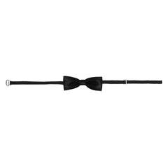 Full-length view of adjustable black satin bow tie for boys with clip-on closure. Great for toddlers and young kids.