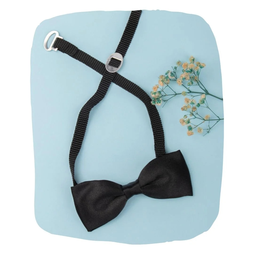 Black satin bow tie for boys with adjustable clip-on strap, displayed on a blue background with floral accent. Ideal for ages 1-5.