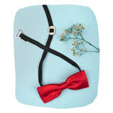 Adjustable satin bow tie for boys in red with black clip-on strap, displayed on blue background with floral accent. Ideal for ages 1-5.