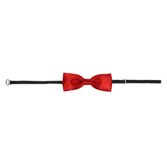 Full-length view of red adjustable satin bow tie for boys with black strap, suitable for toddlers and young children aged 1-5.