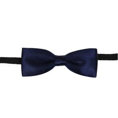 Front view of blue adjustable satin bow tie for boys with pre-tied design and black clip-on strap. Perfect for formal occasions.