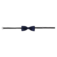 Full-length view of blue adjustable satin bow tie for boys with black strap and clip-on closure. Suitable for toddlers and young kids.