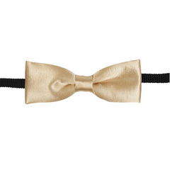 Boys Gold Satin Bow Tie pre-tied with black adjustable strap, ideal for ages 1-5, perfect for formal occasions.