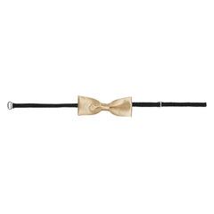 Full-length view of Boys Gold Satin Bow Tie with adjustable black strap and metal clip, designed for toddlers and young boys.