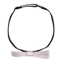 Full view of adjustable black strap with pre-tied baby pink satin bow tie for boys. Ideal accessory for weddings, birthdays, and formal wear.