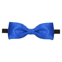 Front view of pre-tied ink blue satin bow tie for boys with adjustable black strap, ideal for formal outfits.