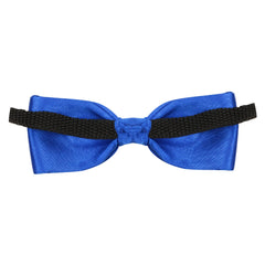 Back view of ink blue satin bow tie for boys showing secure black adjustable strap and clip-on design.