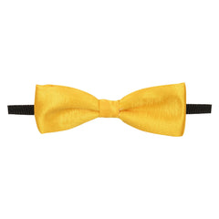Front view of yellow pre-tied satin bow tie for boys with adjustable black strap, ideal for ages 1-5.