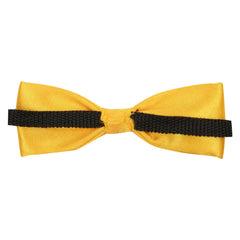 Back view of yellow satin bow tie for boys showing black adjustable clip-on strap for easy wear.