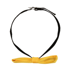 Side view of yellow adjustable satin bow tie for boys with black strap and metal clip for secure fit.