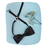 Adjustable boys satin bow tie in printed black with pre-tied clip-on design, displayed on a blue background with floral accent.
