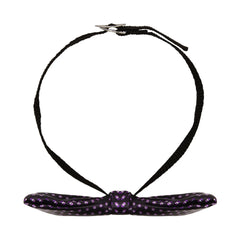 Top view of boys pre-tied purple satin bow tie with adjustable black neck strap and clip, perfect for toddlers and young kids.