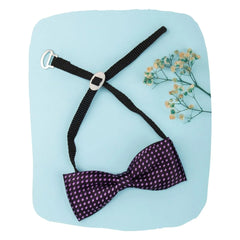 Boys purple satin bow tie with printed dots, adjustable strap and clip-on design, laid flat on blue background with floral accent.
