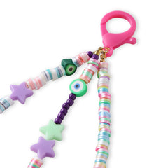 Detail view of the Pink Multicolor Fimo Bead Charm's pink clasp and vibrant beads, including stars and evil eye designs.