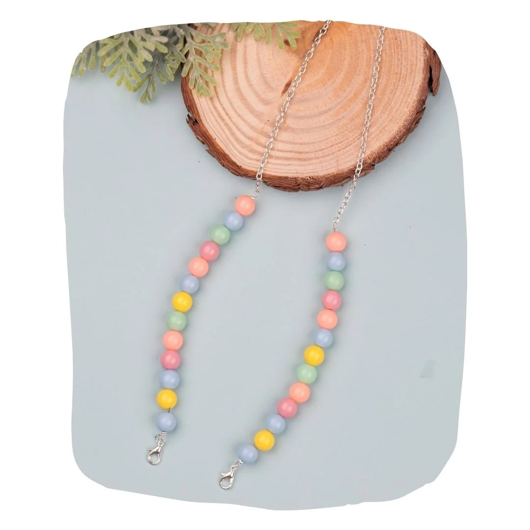 Kids Beaded Mask & Glasses Holder with pastel beads and silver chain, ideal for securing eyewear or masks in a fun, colorful style.