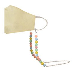 Dual-purpose Kids Beaded Mask & Glasses Holder attached to a yellow face mask, featuring colorful beads and secure clasps.