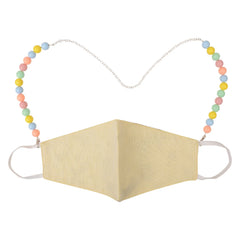 Kids 2-in-1 Beaded Mask & Glasses Holder shown connected to both mask loops, combining fashion and function with pastel beads.