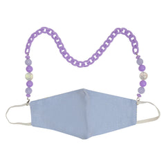Arendelle kids beaded mask glasses chain shown in use with a face mask, featuring purple beads and secure clasps for versatile wear.