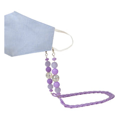 Dual-use kids beaded chain in Arendelle purple attached to a blue face mask, combining function and fashion for masks or glasses.