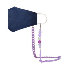 Dual-purpose Kids Beaded Mask Glasses Holder attached to a navy mask, featuring a stylish purple chain and playful beads for secure wear.