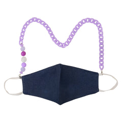 Purple Kids Beaded Mask Glasses Holder clipped to both sides of a navy face mask, showcasing its functional and trendy 2-in-1 design.