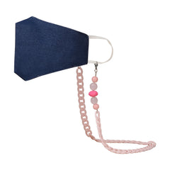 Kids beaded chain attached to a navy blue face mask, showcasing its dual-use as a secure and stylish mask holder.