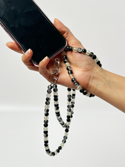 Arendelle Handmade Black Clear Beaded Mobile Lanyard Necklace with Universal Holder | Elegant Neck Accessory for Smartphones