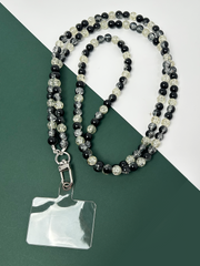 Arendelle Handmade Black Clear Beaded Mobile Lanyard Necklace with Universal Holder | Elegant Neck Accessory for Smartphones