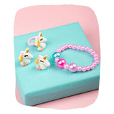 Beaded Jewellery Set - Pink Girls featuring unicorn earrings, ring, and colorful bracelet on a pastel gift box. Ideal for ages 3 to 12.