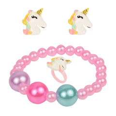 Trendy Pink Beaded Jewellery Set for Girls with unicorn earrings, adjustable ring, and vibrant bracelet. Fun accessory for young girls.