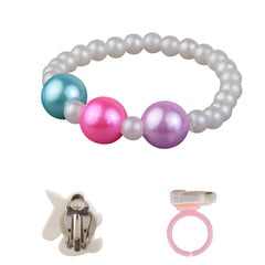Close-up of Arendelle's colorful beaded bracelet with unicorn clip-on earrings and adjustable ring for girls aged 3 to 12.