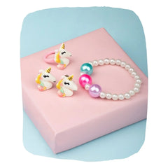 Beaded Jewelry Set - Colorful & Trendy Gifts | Jewelry Fun featuring unicorn earrings, ring, and pearl bracelet for girls aged 3 to 12.