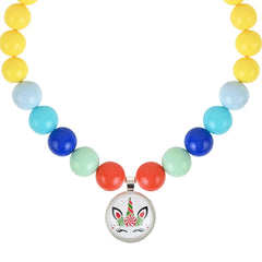 Close-up of unicorn necklace with multicolor pastel beads and unicorn charm, designed for girls' jewelry sets and fantasy-themed outfits.