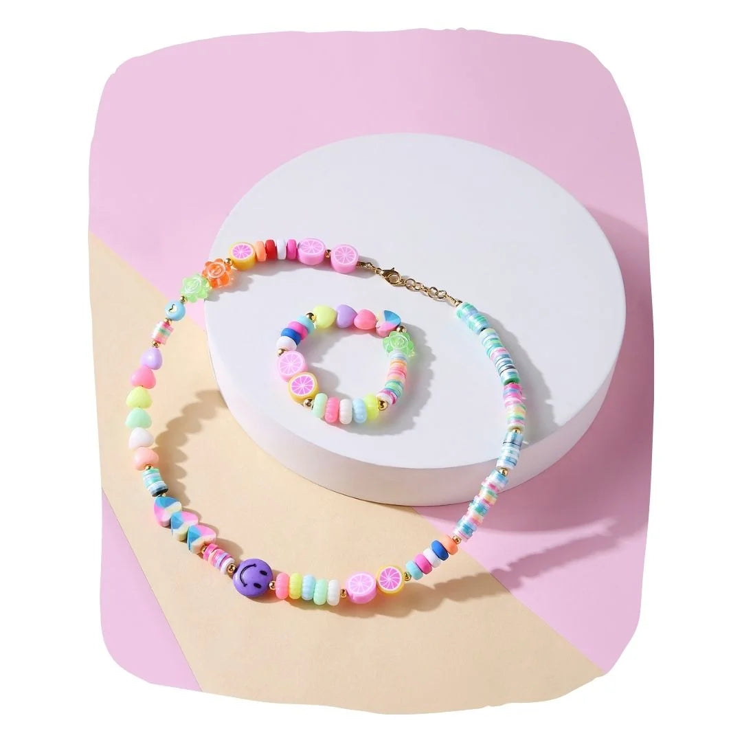 Beaded Necklace Bracelet Set - Trendy Jewelry | Colorful, Adjustable. Features vibrant pastel beads and charms in a fun boho-chic design.