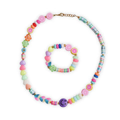 Beaded Necklace Bracelet Set - Trendy Jewelry | Colorful, Adjustable. Includes matching necklace and bracelet with heart, fruit, and smiley beads.
