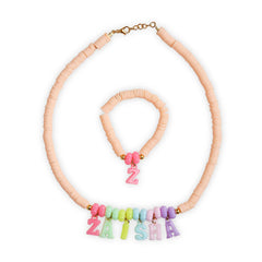 Personalized Kids Necklace and Bracelet Set featuring pastel beads and custom name letters, stylish accessory for young girls.