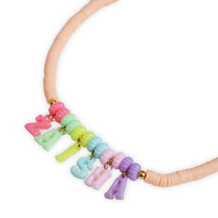 Close-up of Custom Name Necklace with colorful beads and hanging letters, part of a personalized kids jewelry gift set.