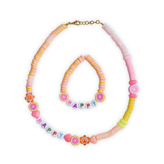 Custom Kids Name Necklace & Bracelet Set by Arendelle featuring 'HAPPY' letter beads, fruit charms, and pastel tones for girls' jewelry.