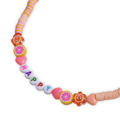 Close-up of Arendelle Jewelry Set necklace showing 'HAPPY' letter beads, heart and citrus charms, ideal for personalized kids' accessories.