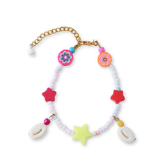 Colorful boho bracelet with star and flower beads, shell charms, and adjustable chain, from trendy jewelry set for teens.