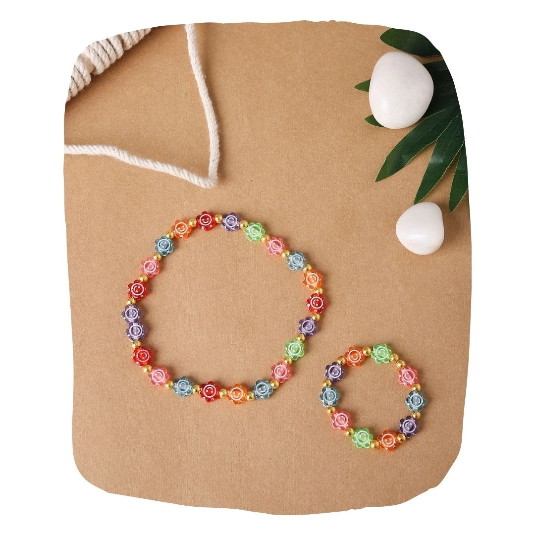 Colorful floral beaded necklace and bracelet set for teens, featuring vibrant rose-shaped beads in a boho style.