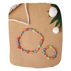 Colorful floral beaded necklace and bracelet set for teens, featuring vibrant rose-shaped beads in a boho style.